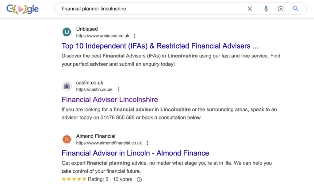Example of top 3 Google rankings