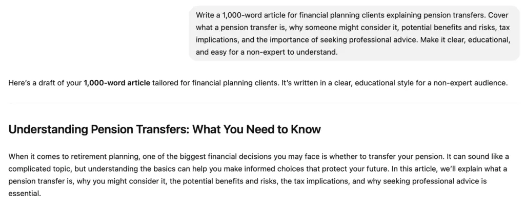 Example of an AI pension transfer article